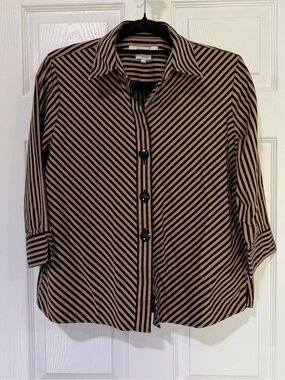 Foxcroft Black and Tan Striped Button-Front Blouse